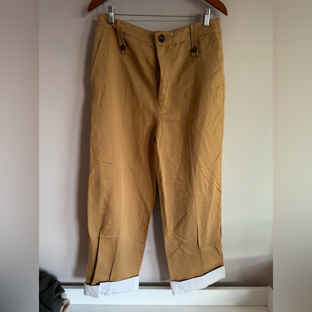 Zara Wide Leg Pants in Mustard Brown with White Cuffs